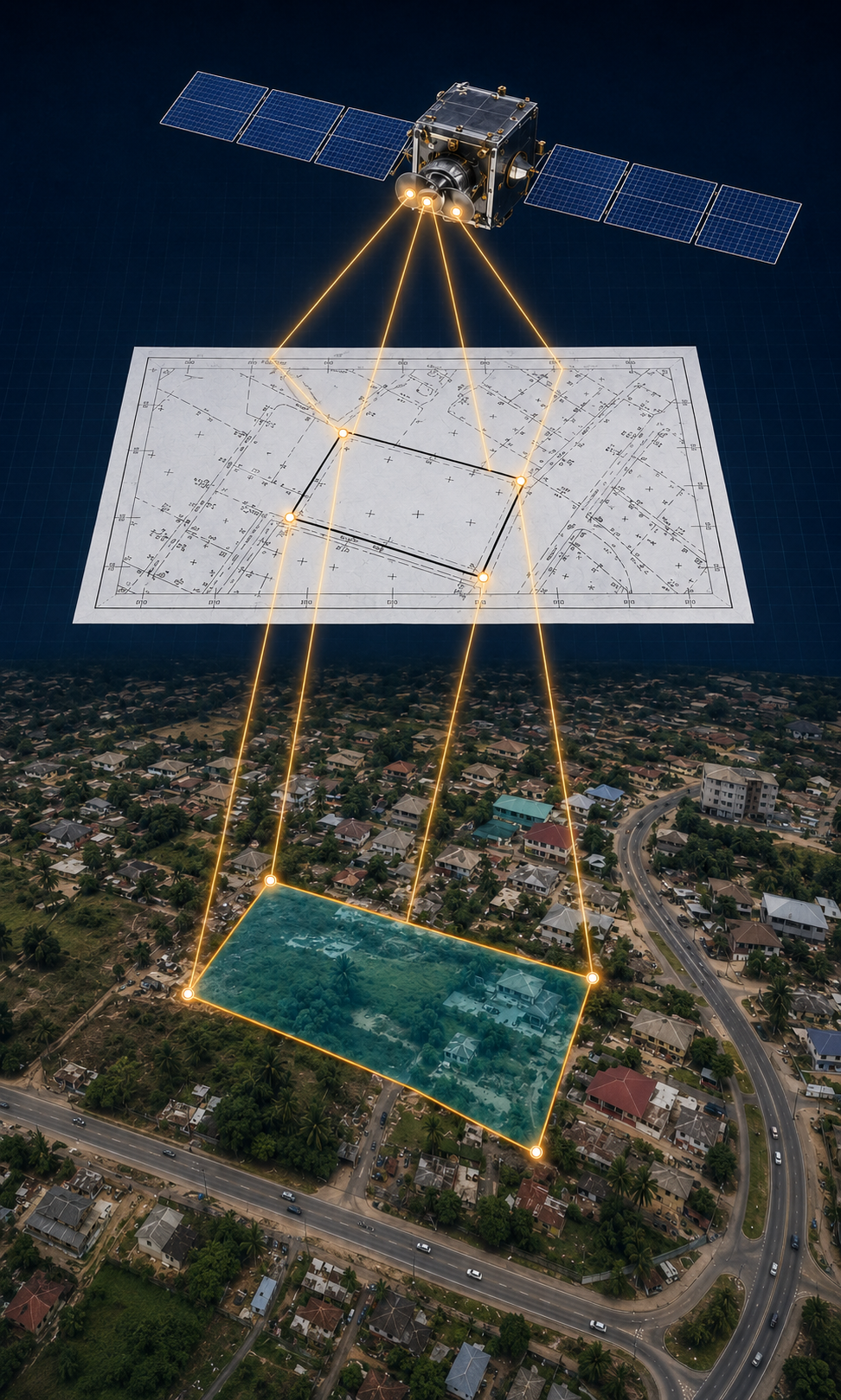 A satellite projecting survey control rays through a paper site plan onto the matching land parcel in an aerial image