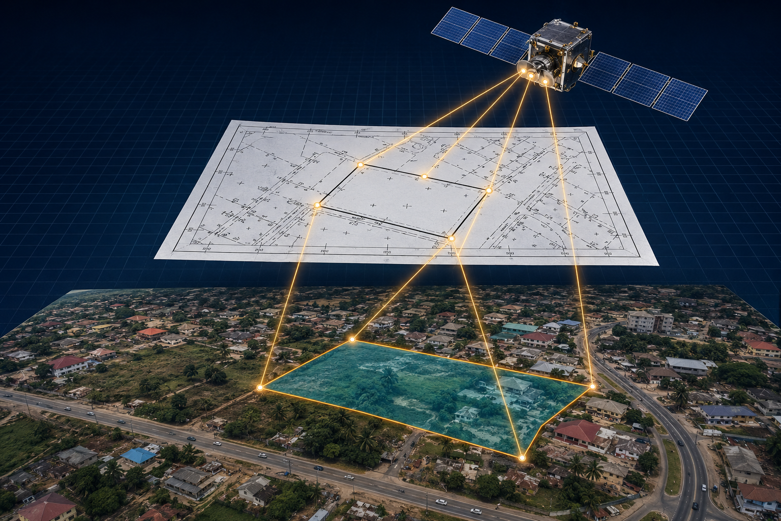 A satellite projecting survey control rays through a paper site plan onto the matching land parcel in an aerial image